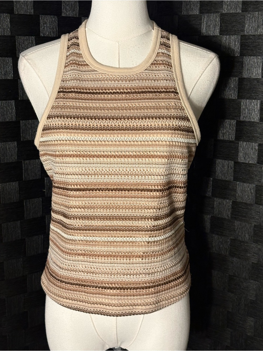 Almost Famous Boho Granola Girl Open Knit High Neck Striped Tank Top Brown